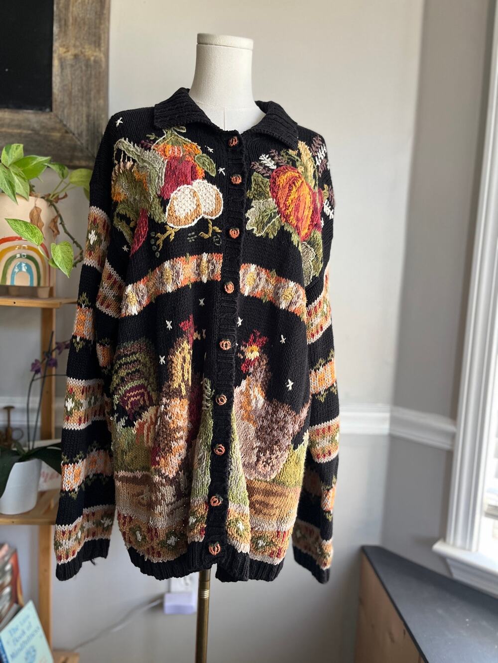 Vintage 90s Fall Pumpkin Cardigan Sweater Chickens Harvest Autumn Size XL